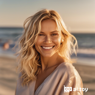 best quality, a beautiful blonde woman wearing beach clothes seen in upper body smiling to the camera, background is a beautiful beach at the golden hour