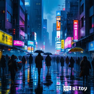 A realistic city street scene at night, heavy rain, neon signs reflecting on wet pavement, people with umbrellas walking hurriedly, cyberpunk atmosphere, cinematic wide-angle shot