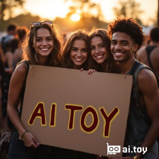 DSC09211.JPG a smiling group of friends holding a handmade "AI TOY" sign at a music festival during golden hour, casual candid photo