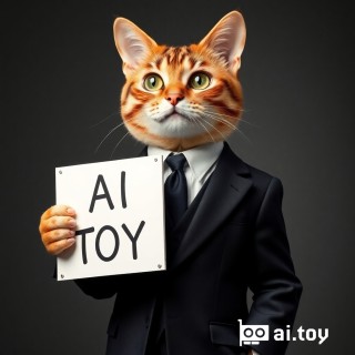 An anthropomorphic cat wearing a nice black and white suit holding a sign with a phrase that reads 'AI TOY'