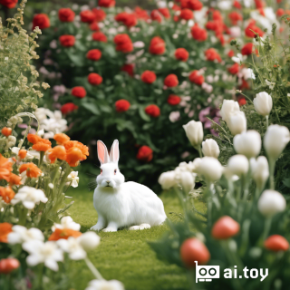 A white rabbit in a flower garden