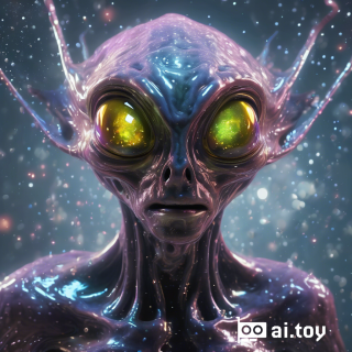 An sterotypical alien with glowing eyes  in the style of translucent liquid metal filled with swirling galaxies, ray tracing, raw character, 32k uhd, schlieren photography, conceptual portraiture, wet - on - wet blending