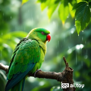 IMG_3456.CR2 a vibrant green parrot perched on a branch in a tropical rainforest, colorful feathers glistening in the sunlight, raindrops on nearby leaves
