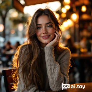 Hyper-realistic portrait of a young woman with light freckles, long straight brown hair, natural makeup, wearing a cozy sweater, sitting at an outdoor cafe table, warm sunset lighting, 85mm lens, shallow depth of field, soft cinematic look