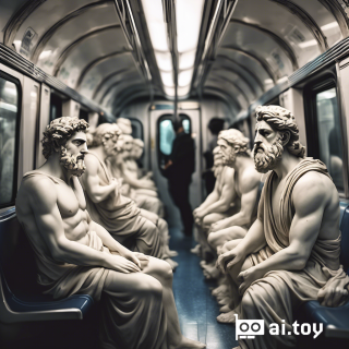 Greek marble statues sitting in a very crowded subway train during rush hour, commuting, confused expressions. exquisite details, photo taken on Hasselblad, creative photoshoot, unreal render 8k