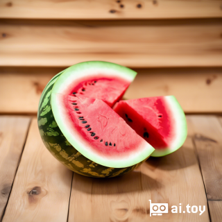 A watermelon cut in half on a wooden table