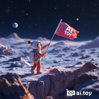 An animated 3D scene of a little girl in a colorful space suit, standing on the edge of a small cliff on the Moon, gazing at Earth in the distance. She is waving an "AI TOY" flag excitedly. Dreamy soft lighting, ultra-detailed textures on the space suit, cinematic wide-angle shot, Pixar/Disney style animation, magical and inspiring atmosphere