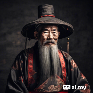 An old man, black hair, long beard and mustache, Chinese with traditional Chinese clothes and hat.
