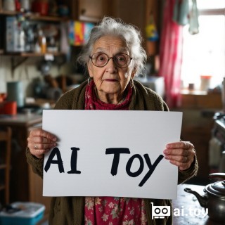IMG_6754.JPG an old grannie holding a sign that reads "AI TOY" in the middle of a messy kitchen