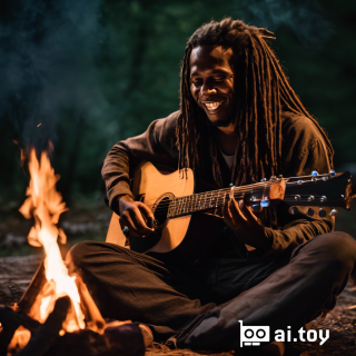 A man with long dreadlocks playing an acoustic guitar sitting by a campfire