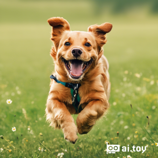 A happy dog running in a field