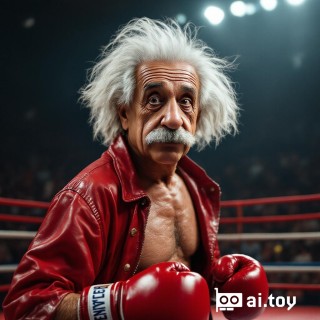 a photo realistic image showing albert einstein wearing rocky balboa boxing costume. albert einstein is in the middle of a boxing arena looking at the camera