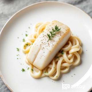 A photo of an elegant dish featuring halibut, showcasing its soft texture and delicate flake against the backdrop of pure white plate. The presentation is refined with an artistic touch that highlights both ingredients in high definition, capturing their natural beauty. This composition adds sophistication to your visual appeal.