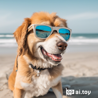 A dog wearing sunglasses at the beach
