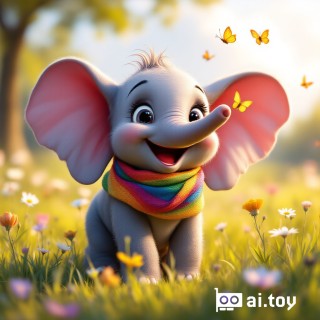 A joyful baby elephant wearing a colorful scarf, playing with butterflies in a sunny meadow, Disney Pixar animation style, soft lighting, vibrant colors, cute and heartwarming