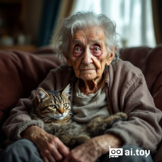 IMG_1025.HEIC a very old grannie with a very wrinkled face sitting on a sofa in a living room looking at the camera with a sad face. there is a cat on her lap that is also looking at the camera