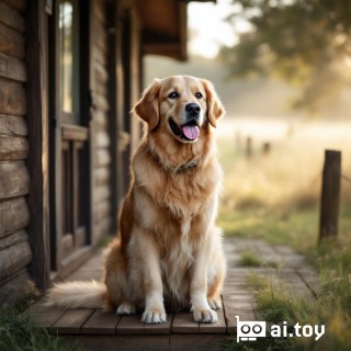 IMG_2387.JPG a majestic golden retriever sitting on a wooden porch in the countryside, morning mist in the background, dewy grass, warm natural light