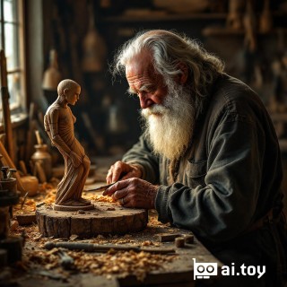 RAW_IMG_3420.CR2 an elderly man with a long white beard carving a wooden sculpture in his workshop, warm ambient light, detailed textures of wood shavings and tools