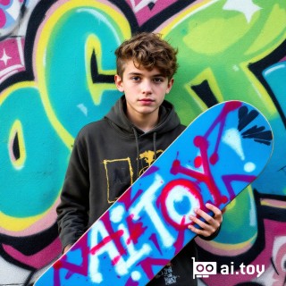 IMG_3485.JPG a teenage skater boy holding a spray-painted board that says "AI TOY", colorful graffiti wall in the background