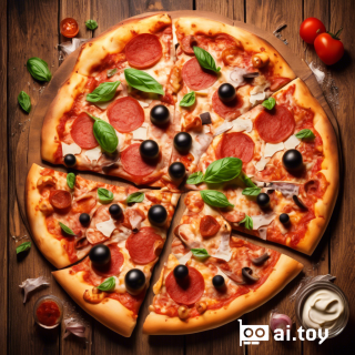 A delicious pizza on a wooden table