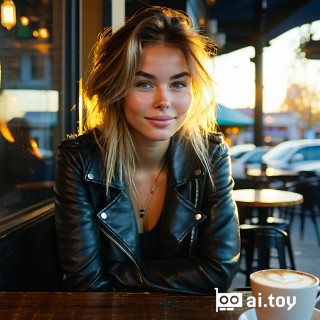 A photorealistic portrait of a young woman wearing a leather jacket, sitting at a coffee shop by a large window during golden hour, soft natural lighting, shallow depth of field, cinematic close-up shot