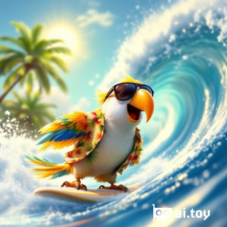 A cheerful parrot wearing sunglasses and a Hawaiian shirt, surfing a big wave under a bright sunny sky, Disney Pixar animation style, vibrant tropical colors, playful and energetic