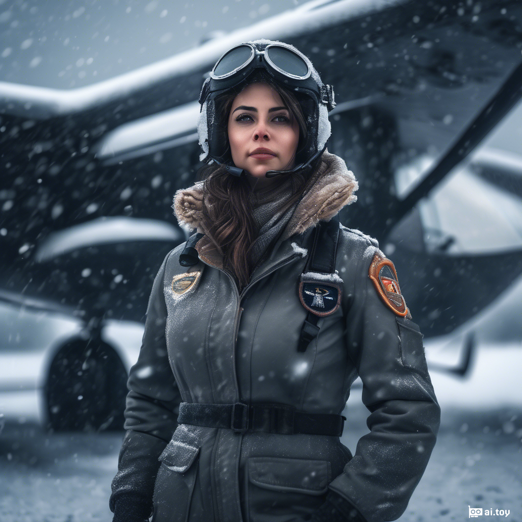 Brunette pilot girl in a snowstorm, full body, moody lighting, intricate details, depth of field, outdoors, Fujifilm XT3, RAW, 8K UHD, film grain, Unreal Engine 5, ray tracing